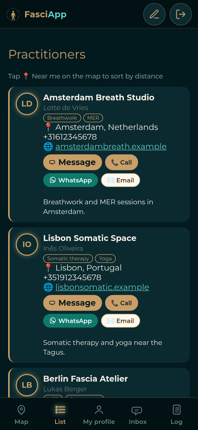 Practitioner list with Message, Call, WhatsApp and Email